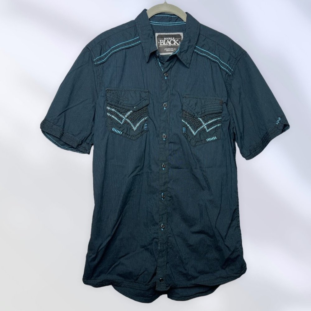 Buckle Black  Men's Button Shirt Grey Blue Athletic Fit M Medium Black with Blue